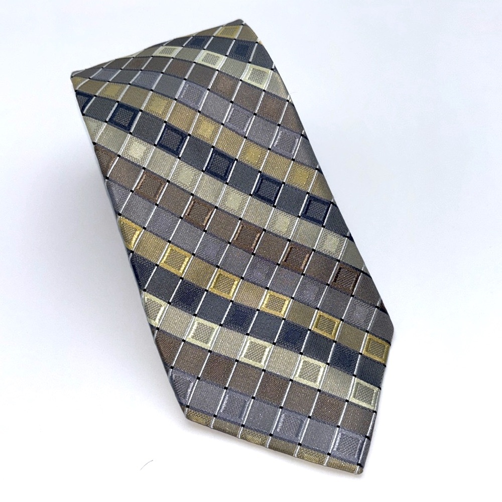 Calvin Klein NWT 100% Silk Geometric Necktie Gray Beige Gold Metallic